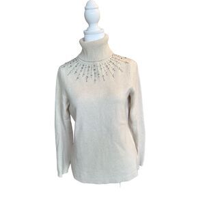 Loft Petites Ivory Turtleneck Sweater S Rhinestone Embellished Pullover